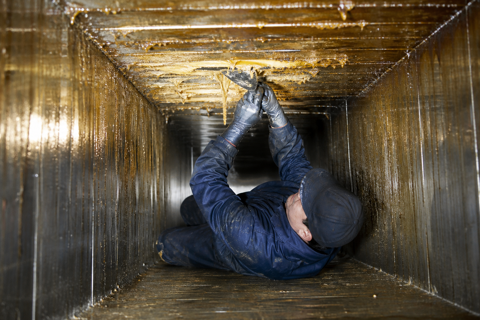 Technician cleaning grease duct to bare metal for Maryland hood cleaning